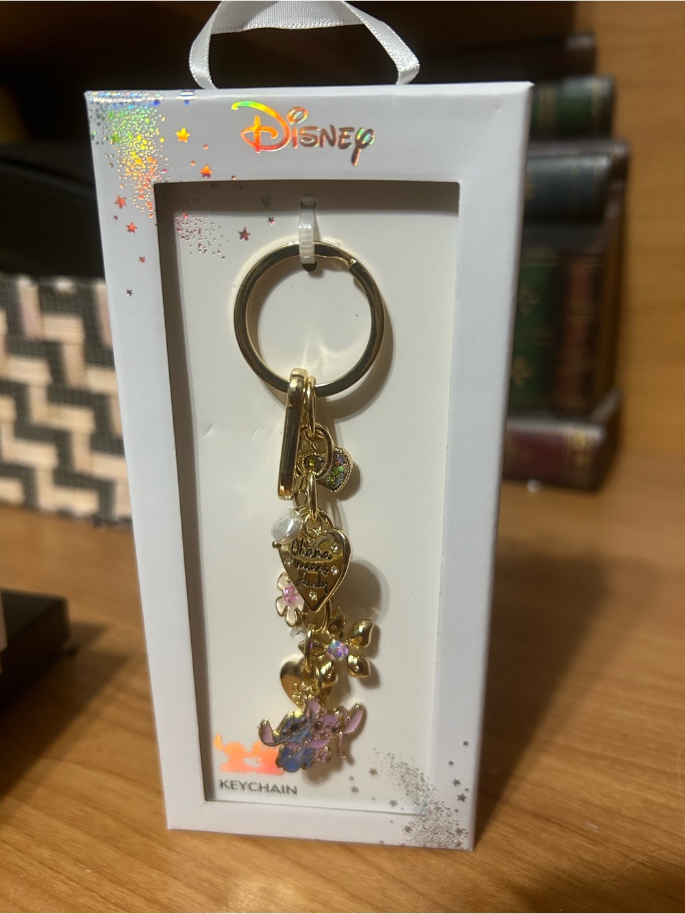 Disney Gold-tone Pink and Iridescent stitch Charm Keychain